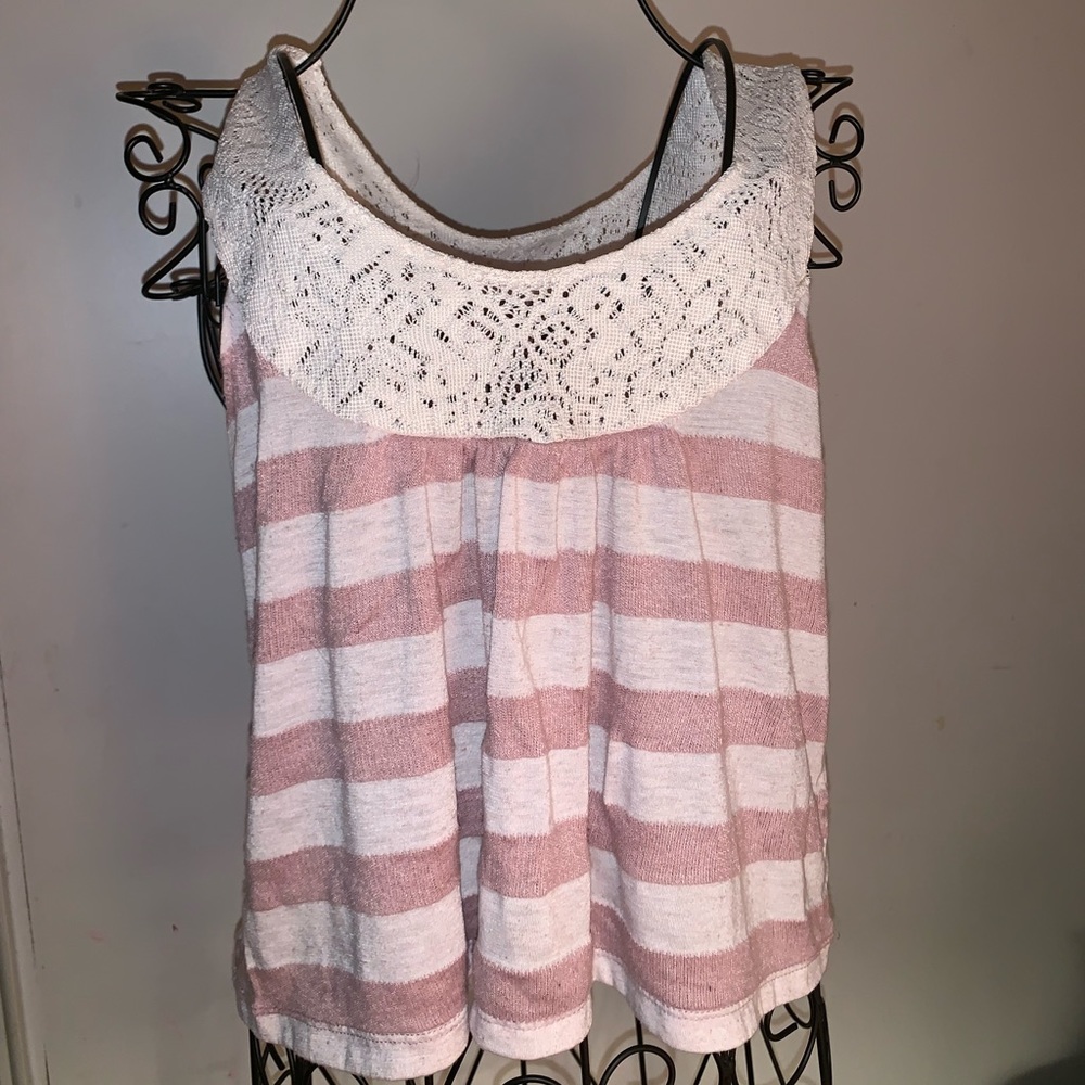 Pink striped blouse with white neckline design